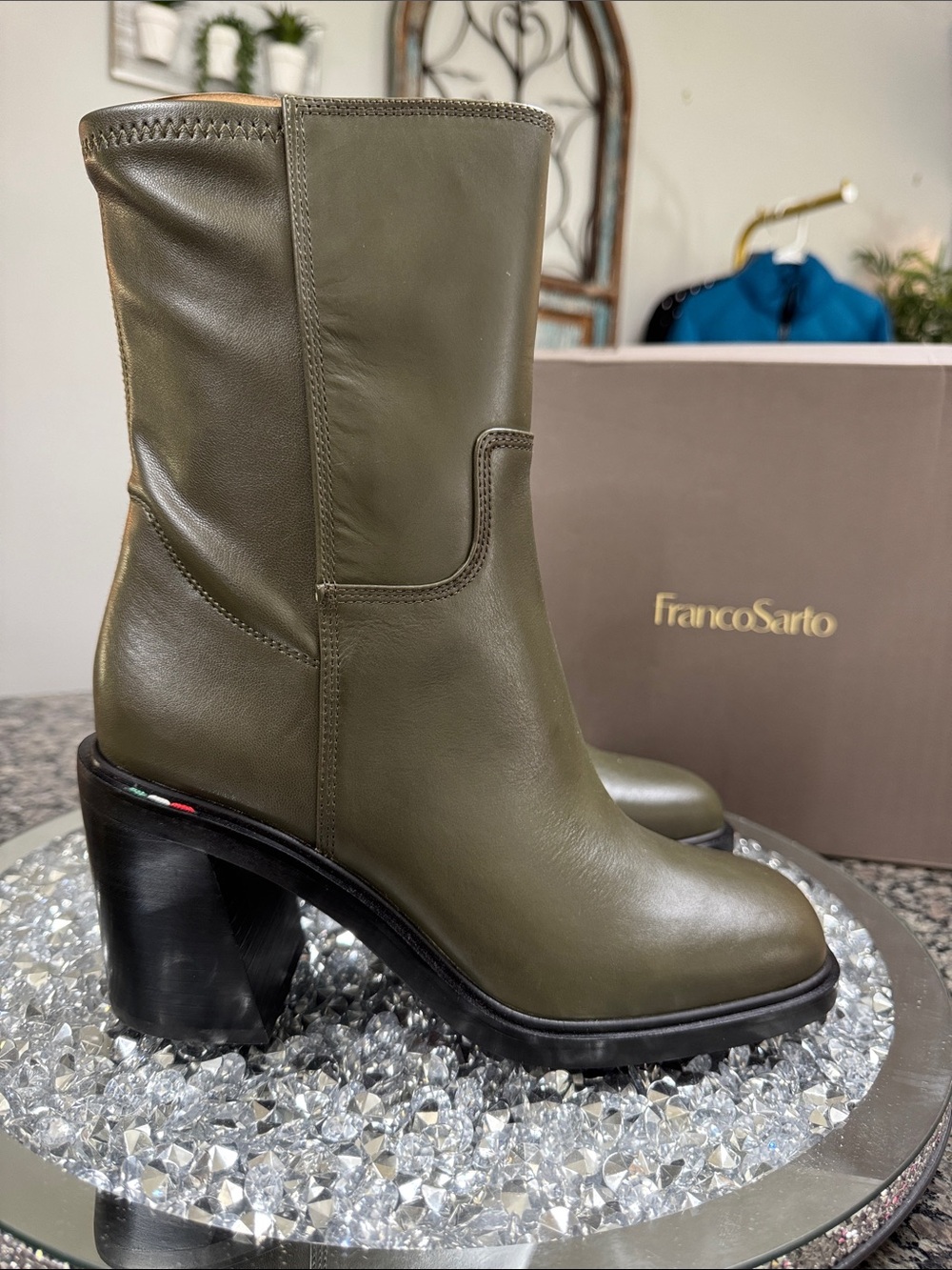 Franco Sarto Penelope Olive Green Leather Mid-Calf Block Heel Boots NEW 8